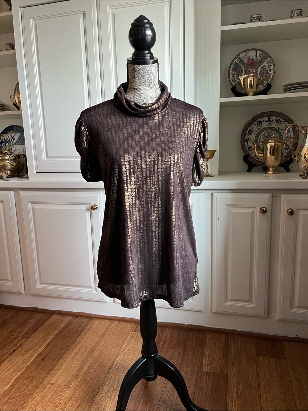 Cato Brown and Gold Turtleneck Ruched Sleeve Blouse